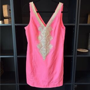 Lilly Pulitzer Junior Shift dress. Pink Dress with Gold Embroidery
